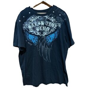 Raw Blue Shirt Harsh Time Skulls & Wings Men's 2XL Streetwear Rap Hip Hop Y2K